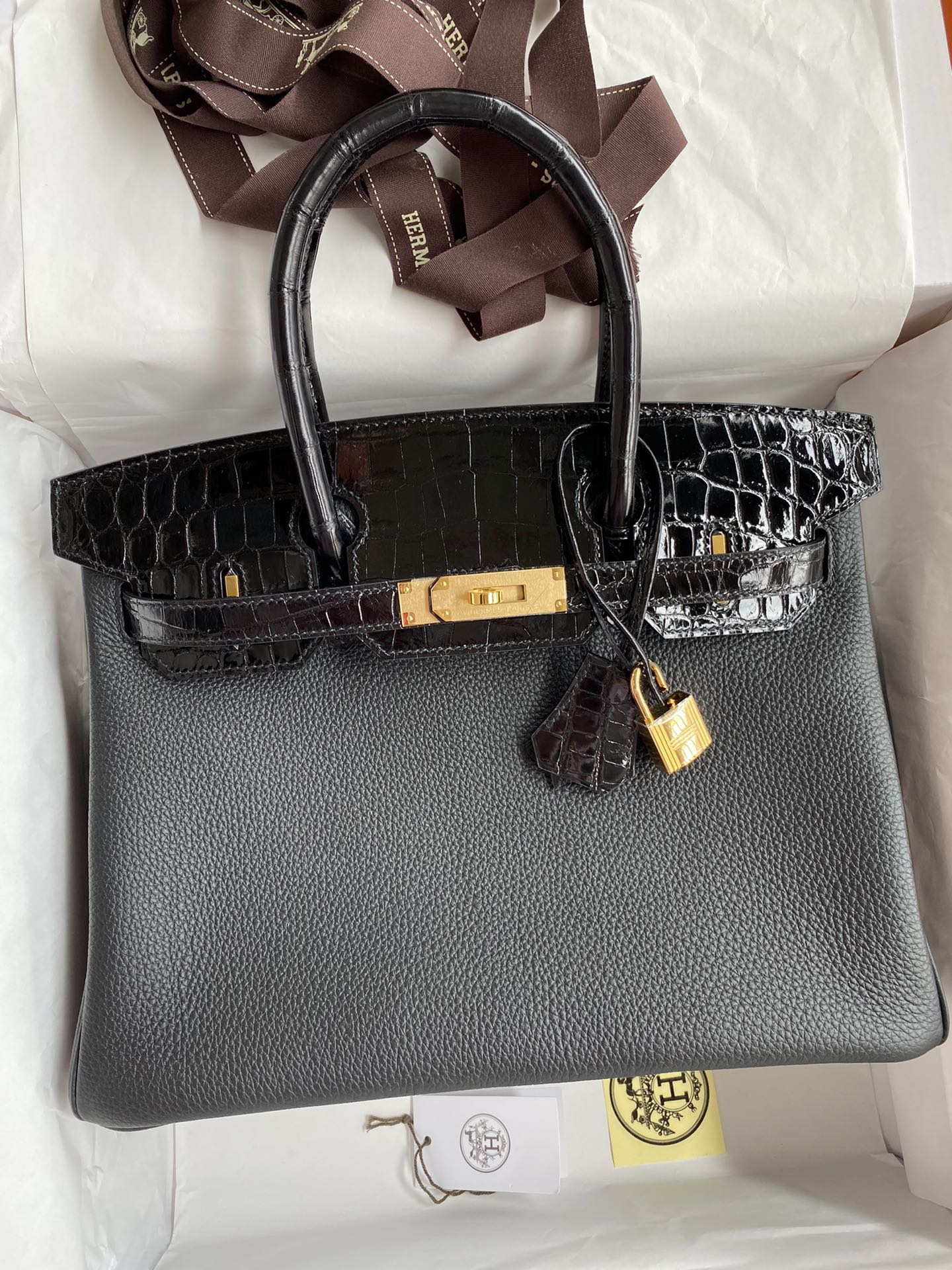 Hermes Touch Birkin 30CM Handbag In Black Clemence and Shiny Niloticus Crocodile Skin